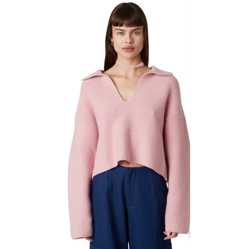 NEW Woman's Drop Shoulder Open Collar Cropped Sweater